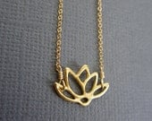 Gold Lotus Necklace, Lotus petal charm, Birthstone necklace, Peridot teardrop briolettes, Meditation, Yoga Necklace