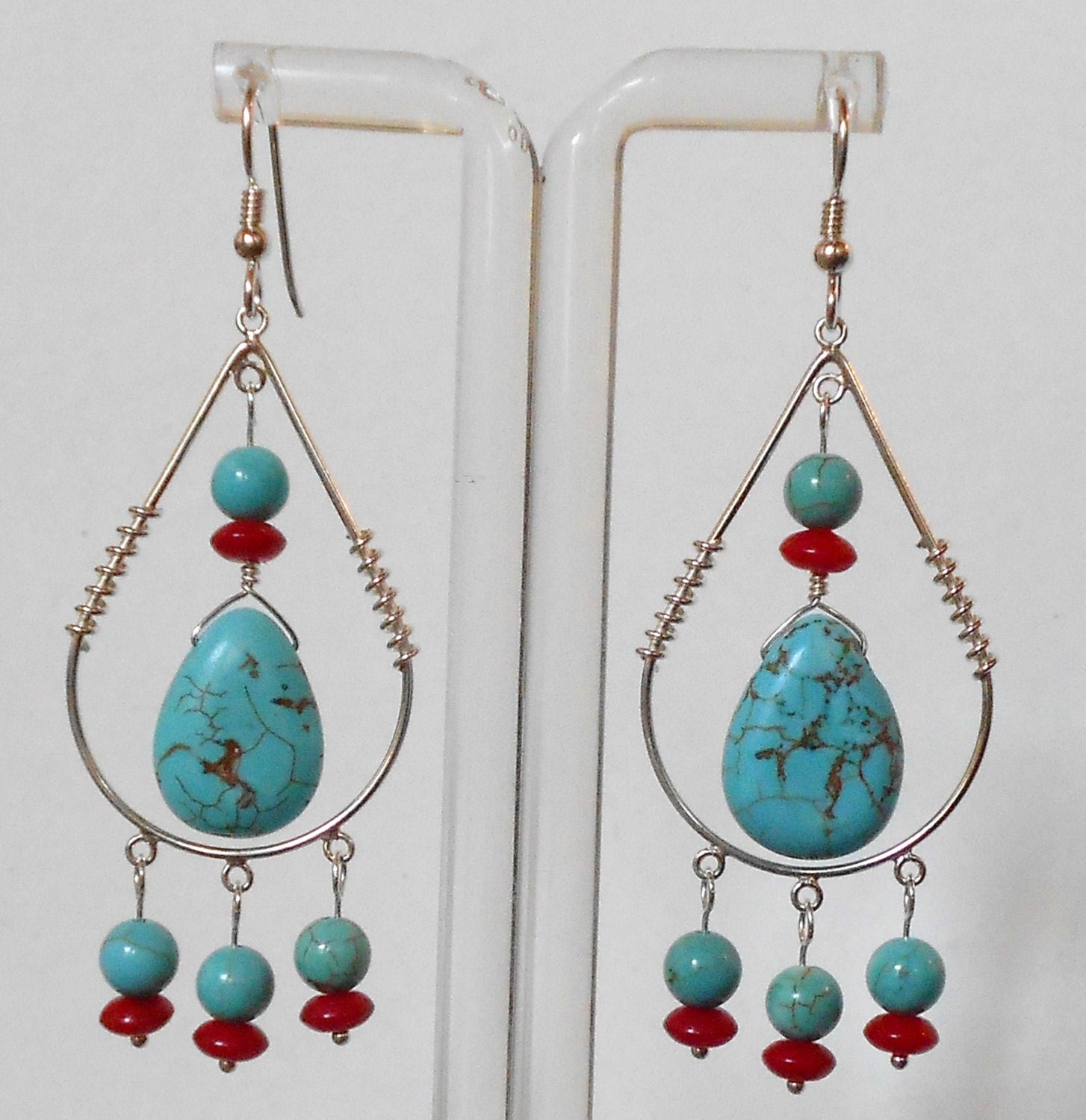Howlite Red Bamboo Coral Chandelier Sterling Silver Earrings