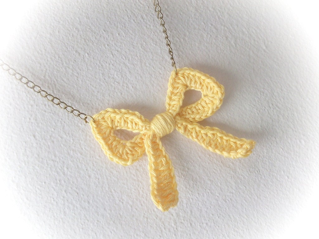 Yellow Crochet Bow Necklace- hand crochet tie bow on antique bronze chain-