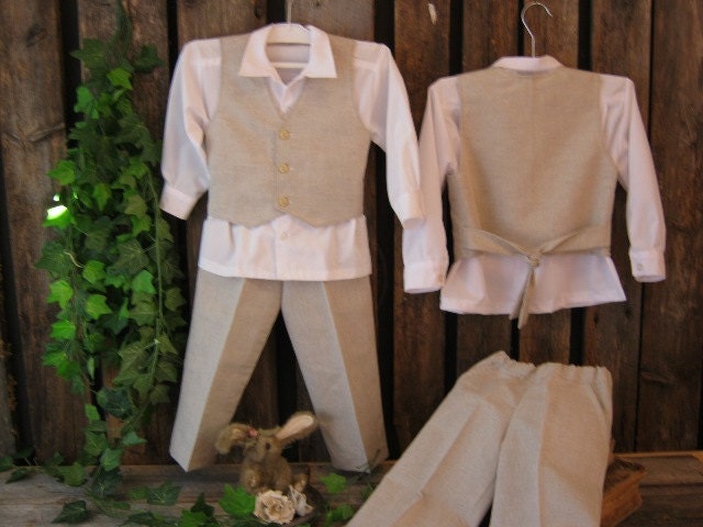Linen suit for boys. Ring bearer outfit, linen vest, shirt and linen pants. Rustic wedding
