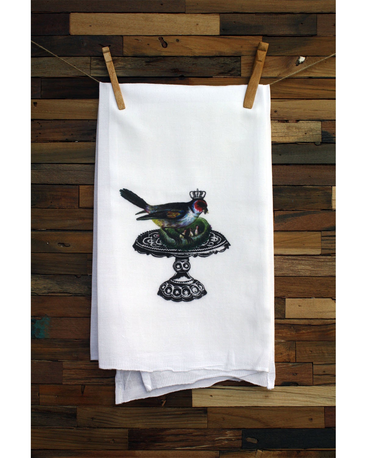 100% Cotton Flour Sack Chef's Kitchen Dish Towel Crowned Bird on Vintage Cake Plate Great Hostess Gift