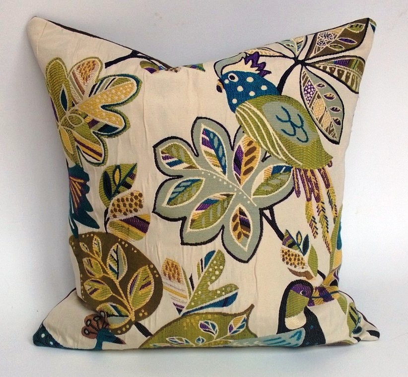 Bird Patterned Pillow With Blue Green Yellow Purple Black On Taupe, Down & Feather Insert Included SHIPPING INCLUDED