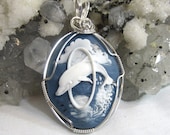 Blue Dolphin Cameo Pendant Sterling silver 930 Wire Wrapped