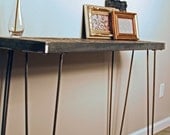 Console Table - made of steel & reclaimed wood from barge destroyed  by Japan's Tsunami. Hairpin legs, vintage, mid century modern. Sofa.