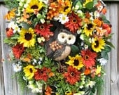 Summer Owl Wreath, Sunflowers, Daisies, Dogwood, XXLarge