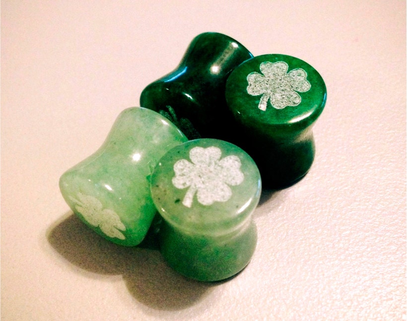 Four Leaf Clover Organic Jade Stone Plugs --- Available in sizes  2g, 0g, 00g, and 1/2 inch