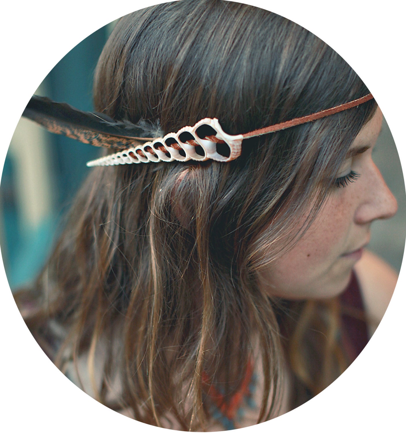 Headband with Leather, Feather and Turritella Seashell / Headdress / Headpiece / Fascinator