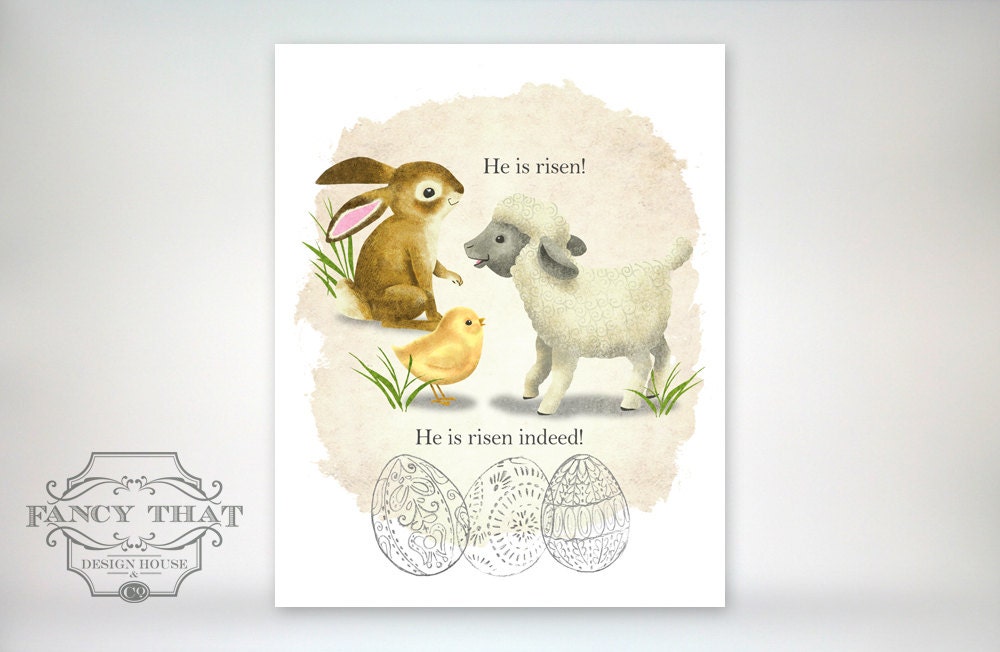 8x10 art print - He Is Risen - Easter bunny, chick, lamb, eggs - vintage style storybook illustration - Christian Inspirational Easter Print