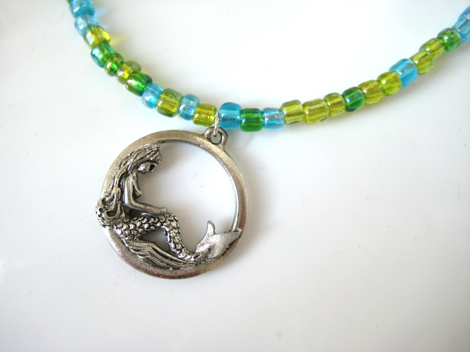 Silver Mermaid Necklace - Blue Green Beaded Jewelry - Beach Accessories - Summer Fashion - Ocean - Pretty Pink Ponies Team