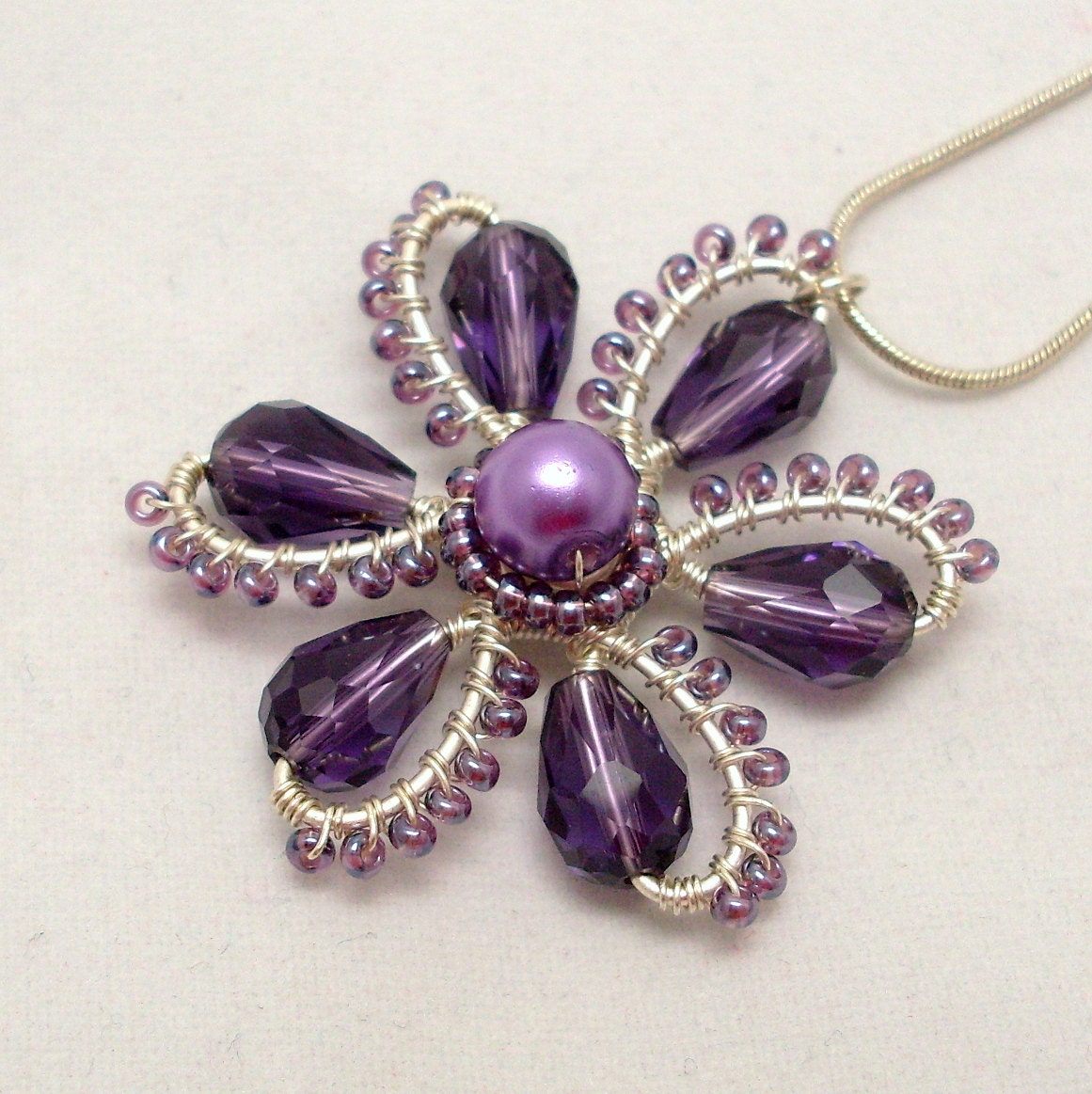 Purple Flower Pendant Necklace Wire Wrapped
