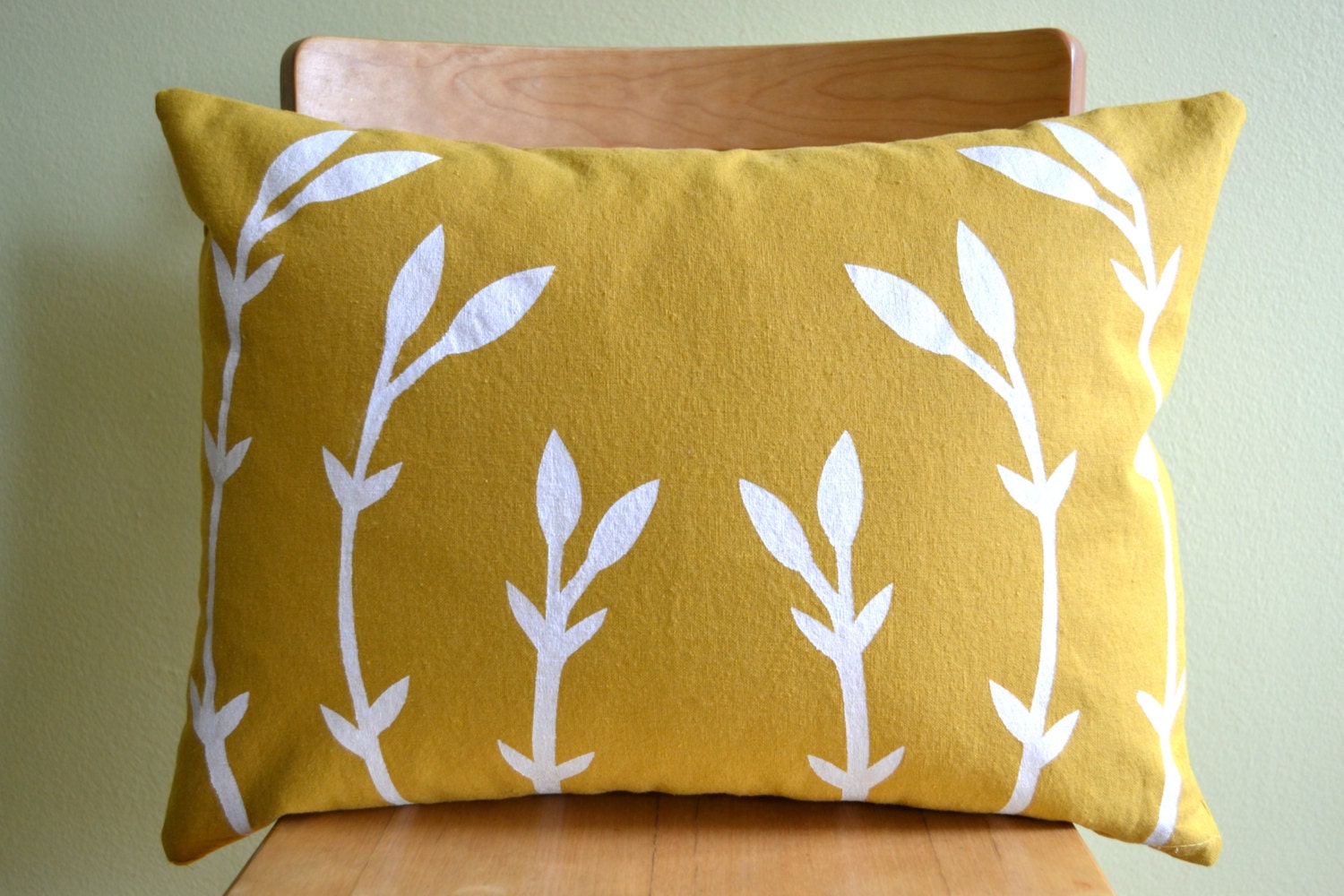 Hand Printed Decorative Pillow Case in Our Spring Bud Pattern in white on Mustard yellow Linen Cotton size 12x16 with Hidden Zipper