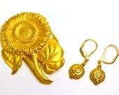 Golden Fine Art Sunflower Pin with Golden Earrings