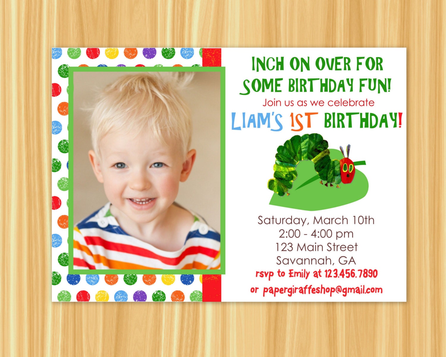 Custom Printable VERY HUNGRY CATERPILLAR Birthday Party Invitation with Photo (Dots Pattern Background or Chevron Pattern Background)
