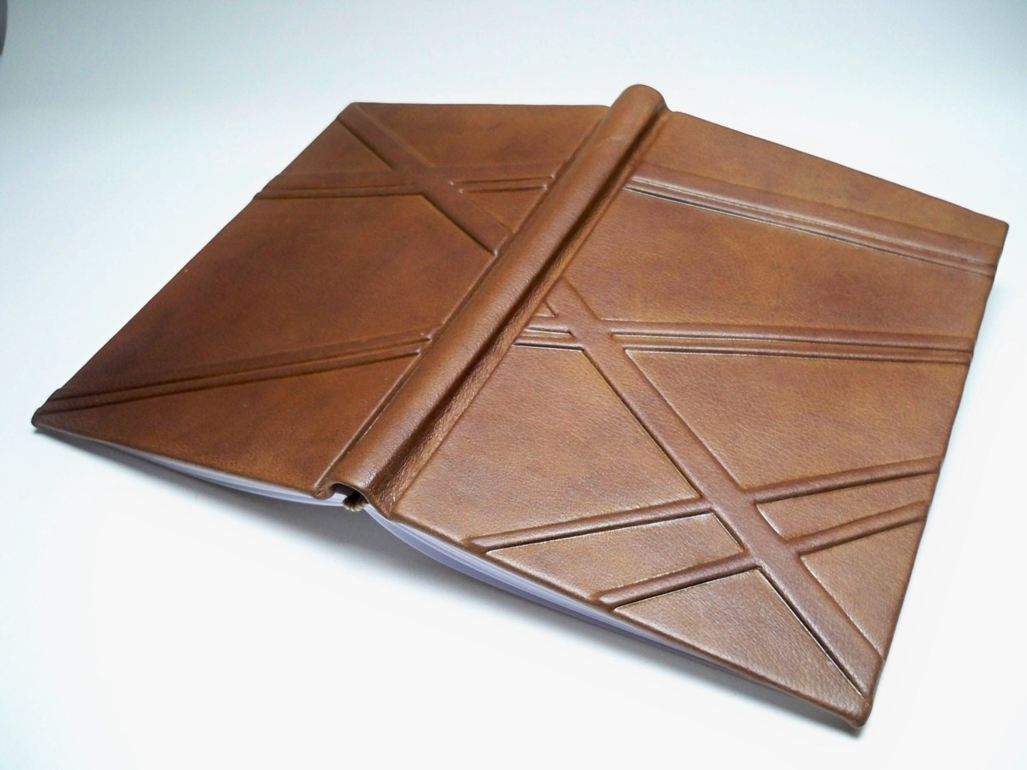 Brown Geometrical Leather Book - Journal, embossed stripes, Blank Pages. For Men.