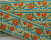 1y Vintage French 1930s Mossy Green, Turquoise & Orange Floral Embroidered Jacquard Ribbon Trim Edging Handmade Tote Bag Purse