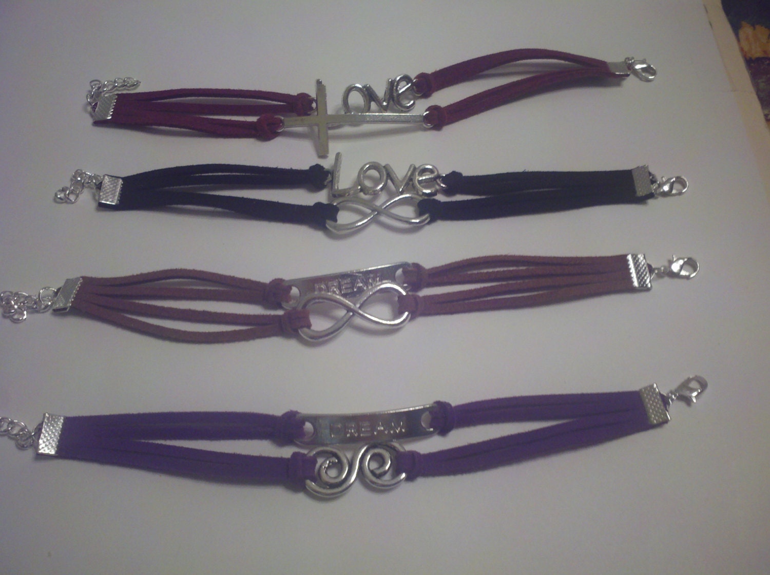 Leather Suede Charm Bracelet, Leather Bracelet, LOVE  Infinity Cross Karma Dream Silver Bracelet