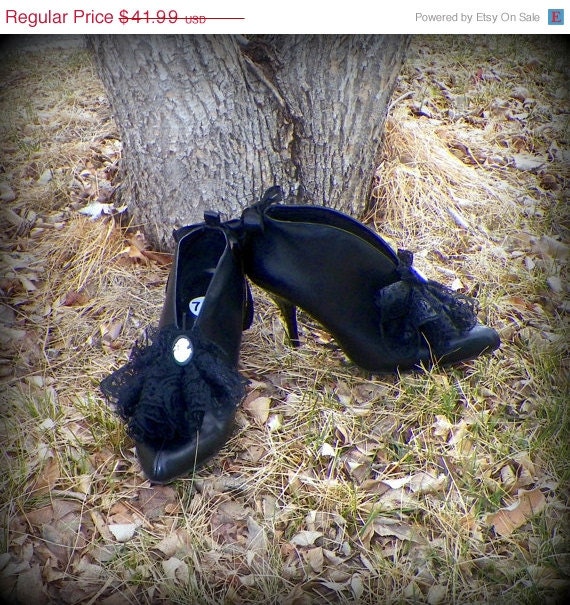 ON SALE Upcycled Recycled Retro Victorian Style Womens OOAK Short Boot Shoes Spike High Heels Black