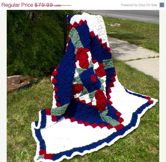 ON SALE Granny Square Crochet Afghan Quilt Desert Star Red Blue White Blanket Handmade Large Diamond