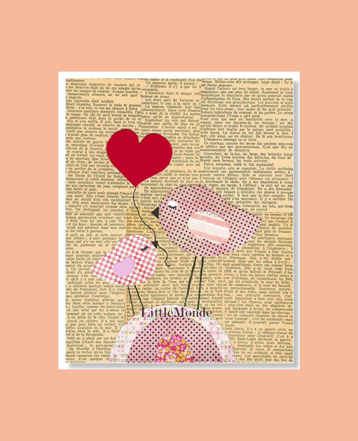 Baby Girl Nursery Art Prints, Nurser Wall Decor, Nursery Mixd Media, Vintage French Book Collage, Birds Print for Nursery