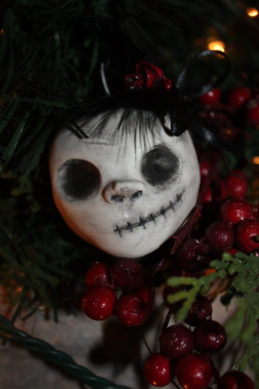 6 pack of OOAK Christmas Ornament, skull with red rose, black and white feathers