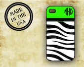 Animal print Iphone 5 case, Iphone 4 case - Lime green with black white zebra - monogrammed Iphone 5 Iphone 4s cover plastic silicone (9917)