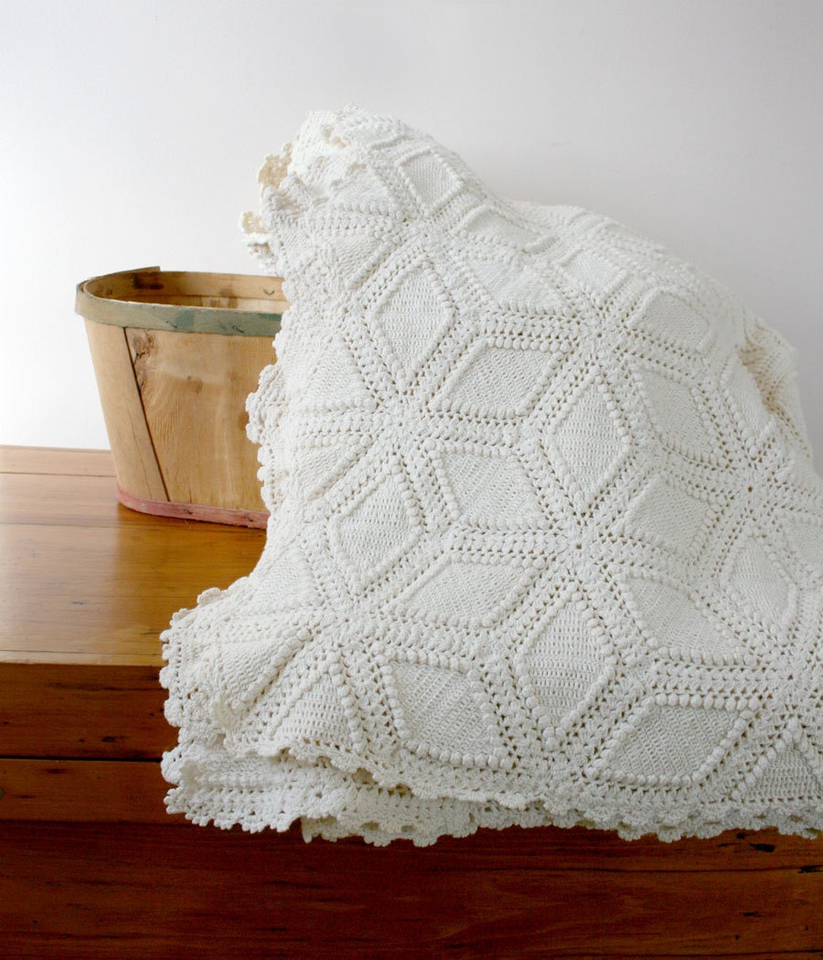 Vintage Crocheted Bedspread - cream hand crocheted pristine condition off white spring mothers day easter
