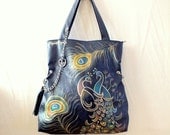 PEACOCK LOVE Large Faux Leather Tote Bag - Dark blue handpainted everyday purse