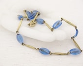 Czech blue glass necklace. Oval brass collier. 1930s jewelry. SOMETHING BLUE WEDDING.