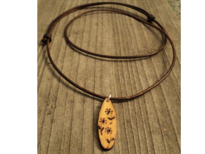 Wooden Woodburned Trio of Flowers Pendant with Adjustable Leather Necklace