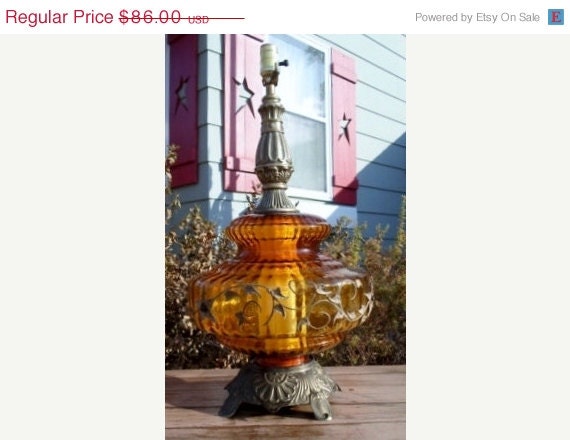 SPRING SALE Vintage Blown Orange Glass Table Lamp  Antique Brass Night Light  Retro  Lamp  Lighting  Mid Century Modern Hollywood Regency
