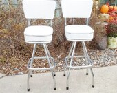 SPRING SALE Vintage Pair of Mid Century Modern  30" Swivel Bar Stools with Backs  Made by  Waco Inc Chicago USA White Texture Vinal and Sta