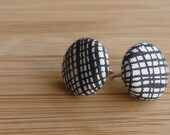 Fabric Covered Button Earrings - Black Crosshatch