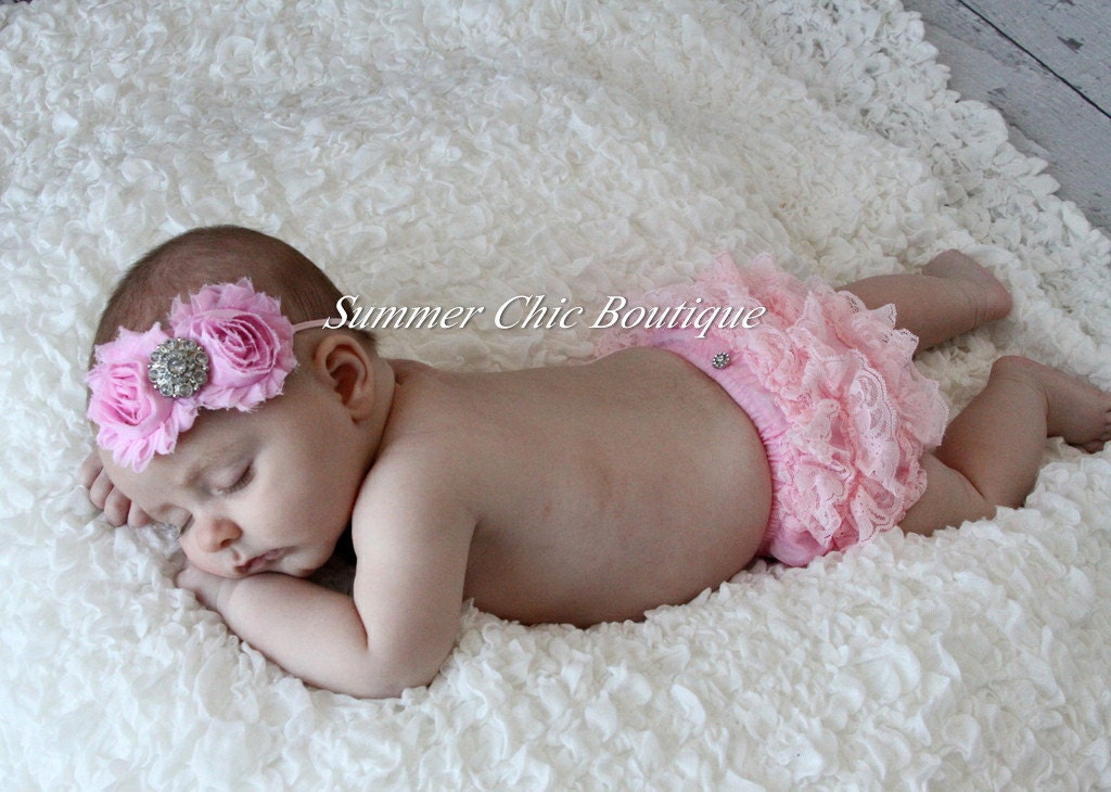 Bloomers AND Headband, Light Pink Lace Ruffle Bloomers, Baby Bloomers, Infant Bloomers with Matching Headband