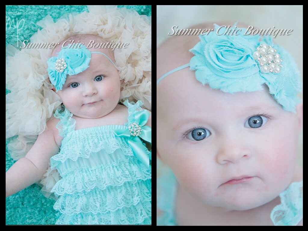 Romper and Headband set. Light Aqua Petti Romper, Lace Romper, Petti Romper, Baby Romper, Light Aqua Romper and Headband Set