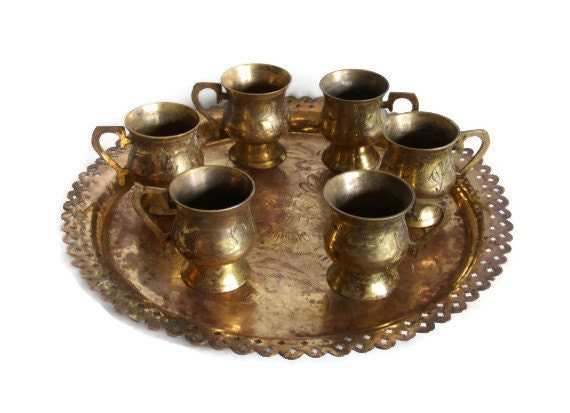 Vintage brass coffee SET, serving tray, 6 cups ETCHED flowers CARVED saucer Handled mini mugs, Oriental home decor, folk art, Middle Eastern