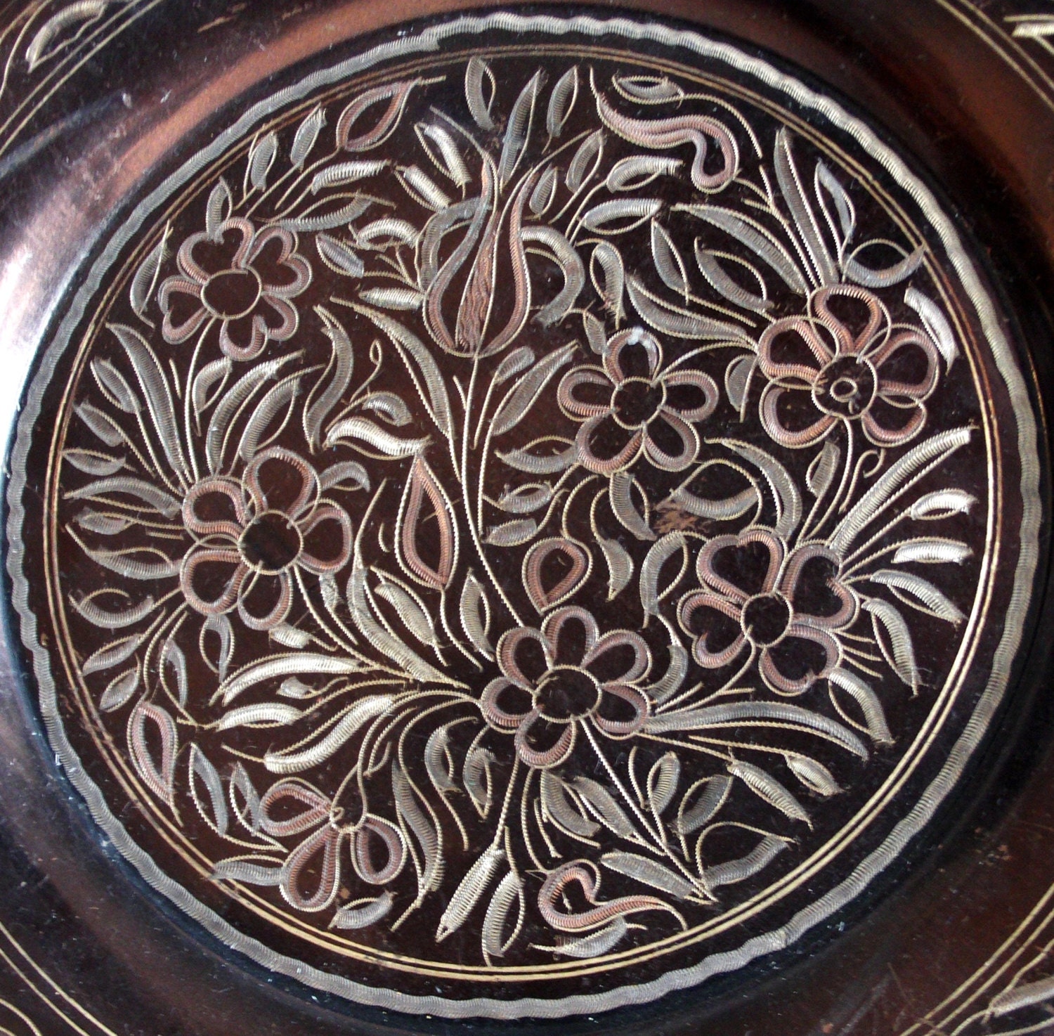 Tulip etched flowers PLATE vintage COPPER dish, home decor. Botanical daisy floral ETCHING folk art Turkish metal craft coppersmith engraved