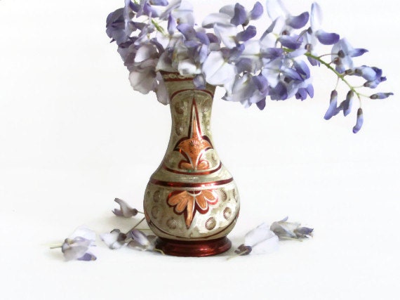 Copper etching folk art vintage TINY flower VASE, Artisanal metal hand crafts, Cute handmade urn, Etched. Office desk, home decor, for mom
