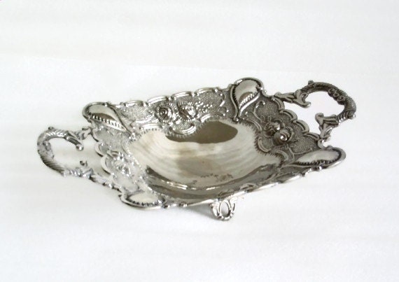 Footed bonbon dish, German silver, Vintage metal bowl, Ornate trinket tray, Embossed flowers, Silvertone display, Alpaca, home decor