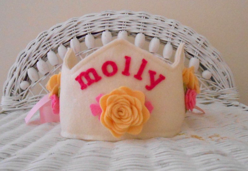 Personalized Felt Crown with Roses in Pink and Yellow