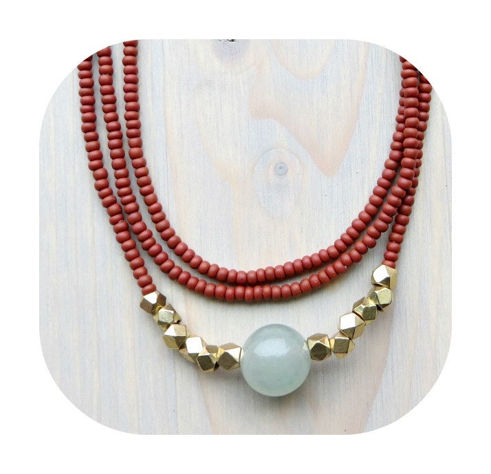 TRAVELER Green Aventurine and Matte Brown Czech Glass Seed Bead Strand Brass Nuggets
