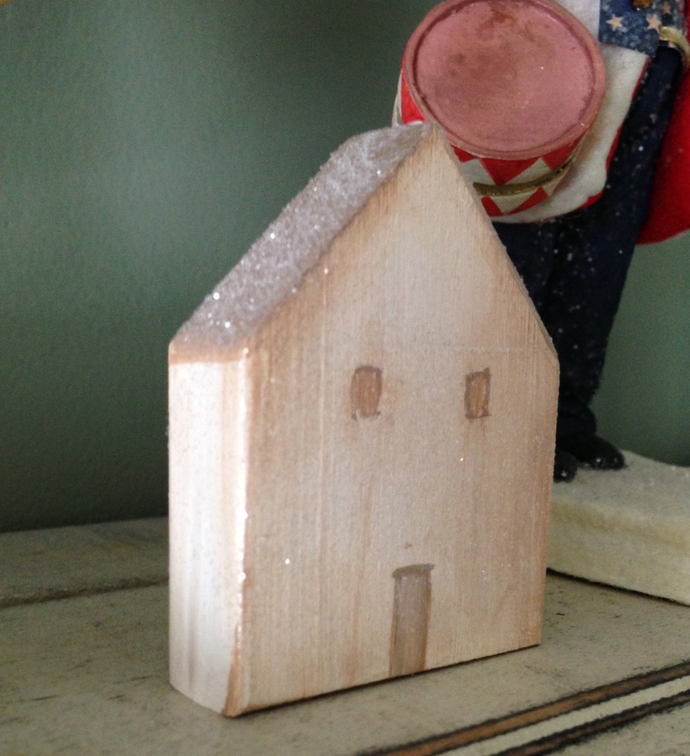 Tiny Wooden House Dusted with Snow Glitter Putz Style Miniature Handmade Toy Hand Painted Home Decoration