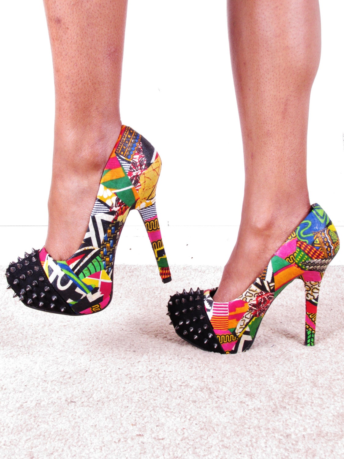 Ankara African Print Patchwork Spike Reconstructed Platform Chunkly Spike Stilettos Heel Shoes size usa 8