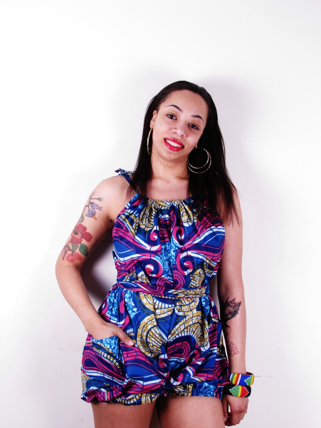Bold Tribal Ethnic Print 100% Cotton Fabric Drawstring Bubble Romper Short Jumper Playsuit one size