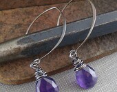 Purple Amethyst Gemstone Earrings, Sterling Silver, Rustic, Handmade