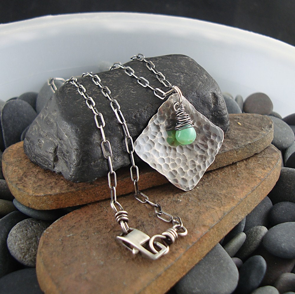 Sterling Silver Chrysoprase Gemstone Necklace, Apple Green, Oval Cable Chain, Oxidized, Handmade
