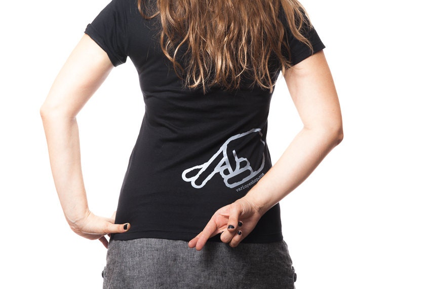 T-Shirt for Stretched Ears / Women V-Neck / Fingers Crossed / Plugs / Black or Dark Gray / Slim Fit