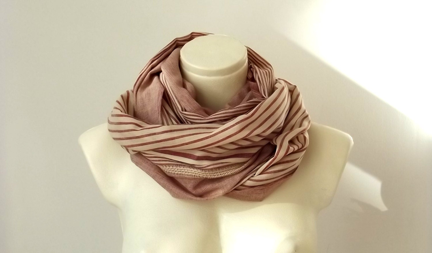 Cotton Wine Color Infinity Scarf Natural Beige Striped, Loop Circle Eternity Scarf, Spring Fashion Color,  Pareo