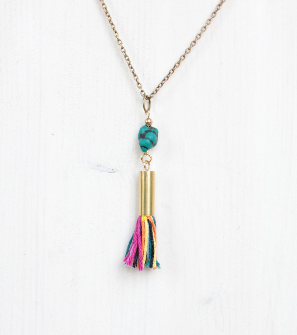 Brass and howlite tassel necklace " Lila " /// Multicolor fiber pendant necklace