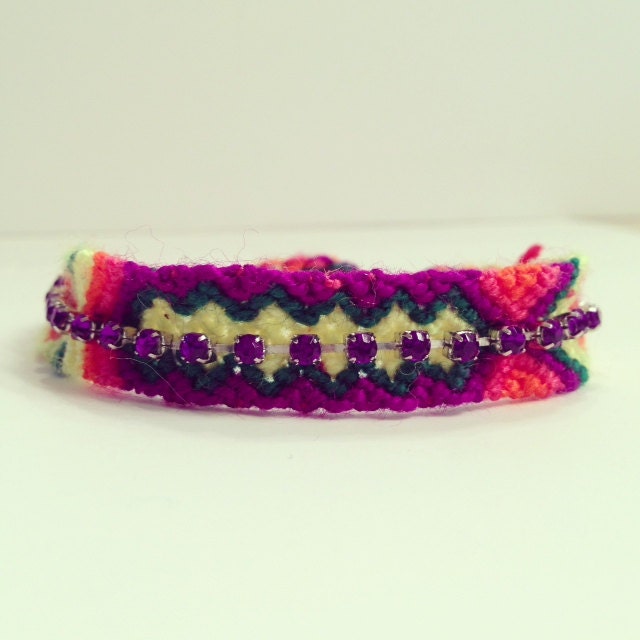 Friendship bracelet, Rhinestone friendship bracelet, rainbow bracelet, neon friendship bracelet, purple rhinestone, rhinestone bracelet