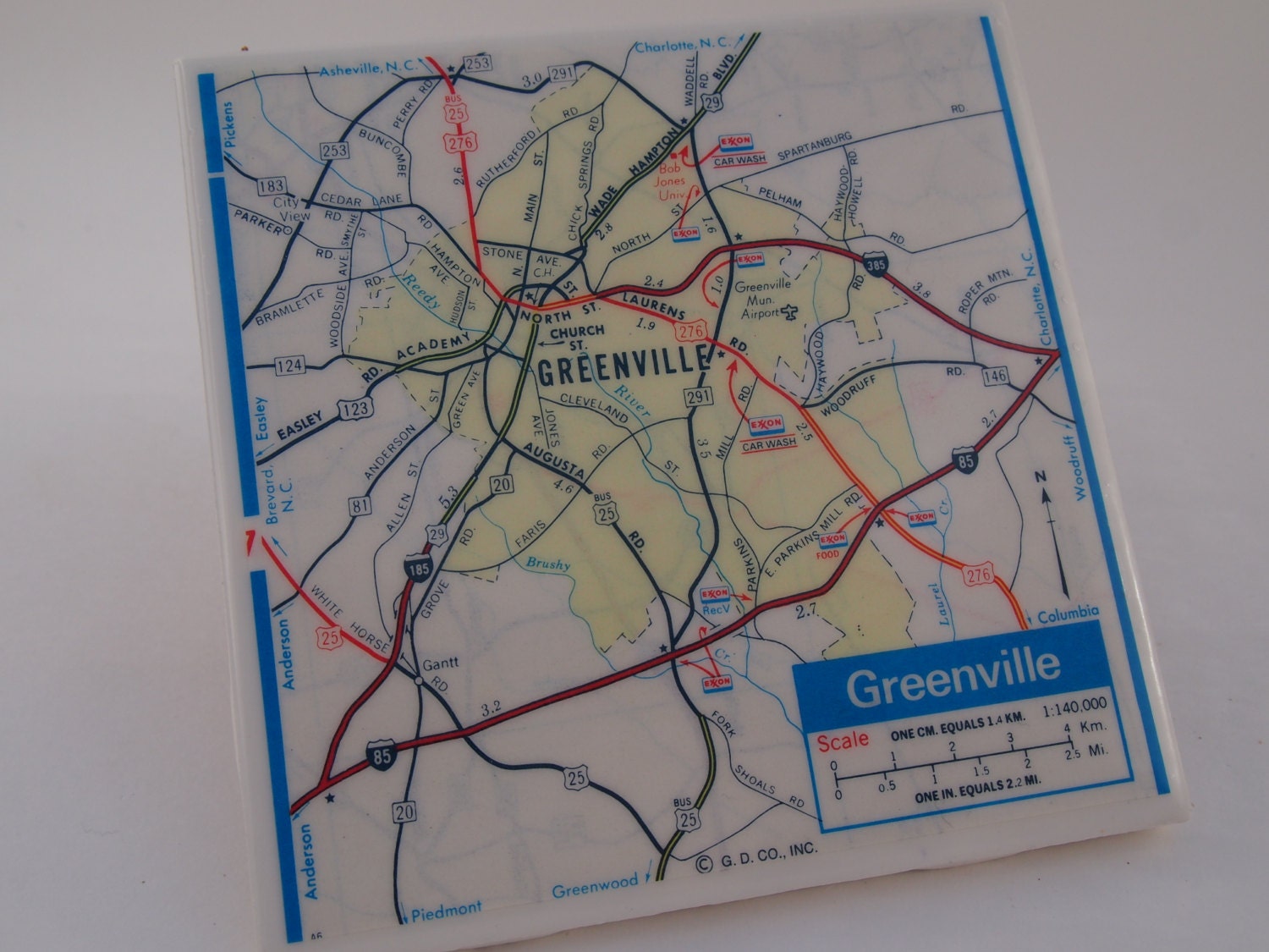 1980 Greenville South Carolina Handmade Vintage Map Coaster - Ceramic Tile Coaster - Repurposed 1980s Exxon map - OOAK Drink Coasters